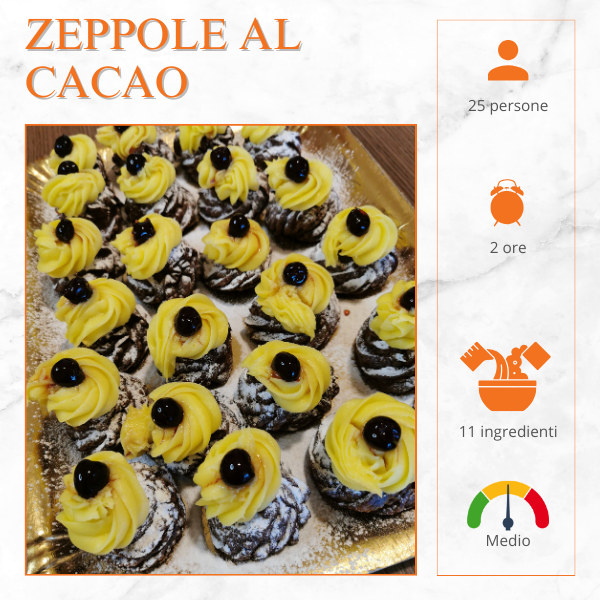 Zeppole al cacao con crema gialla e amarene su vassoio dorato, dolce tradizionale di San Giuseppe