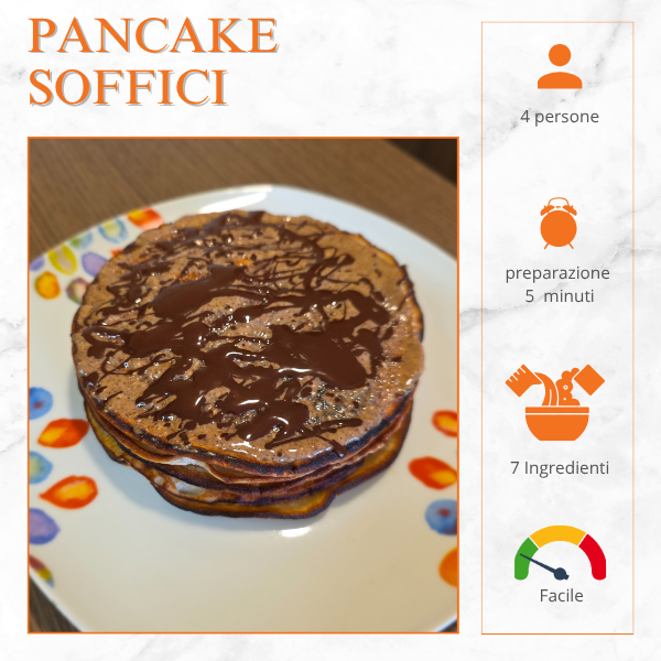 Pancake soffici impilati con cioccolato fuso su piatto decorato – colazione facile e veloce per 4 persone