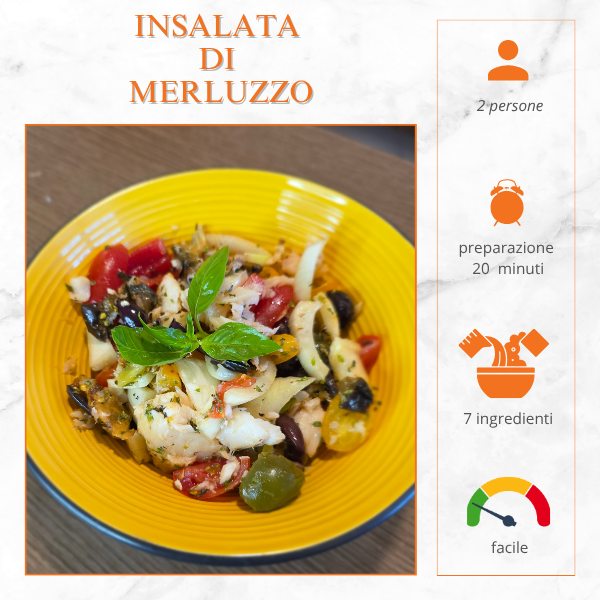 Insalata di merluzzo con pomodorini, olive e finocchi servita in ciotola gialla – secondo piatto fresco e leggero