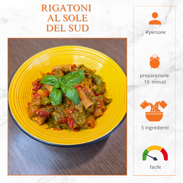 Rigatoni con sugo di pomodoro, peperoni verdi e basilico serviti in una ciotola gialla – primo piatto estivo facile