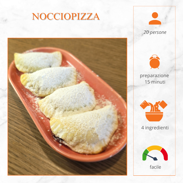 Dolci nocciopizze al cioccolato spolverate di zucchero a velo su piatto rosso, ricetta facile per 20 persone