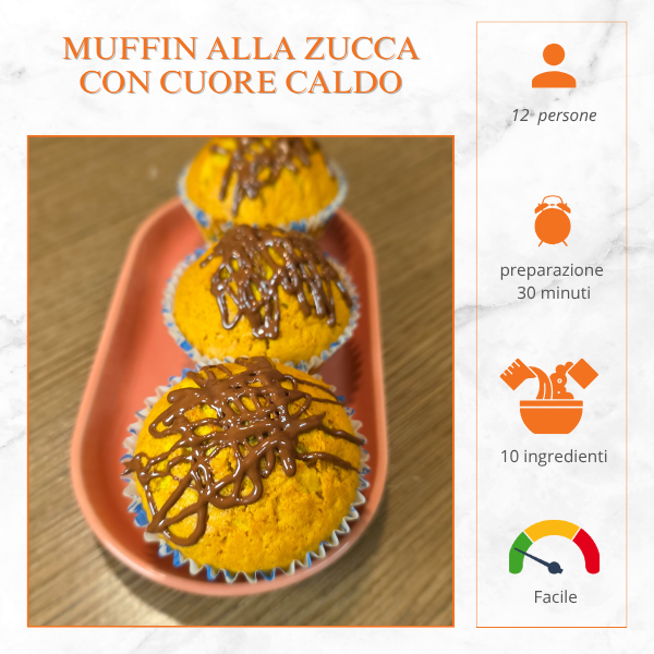 Muffin alla zucca con cuore caldo di cioccolato, decorati con glassa al cacao.